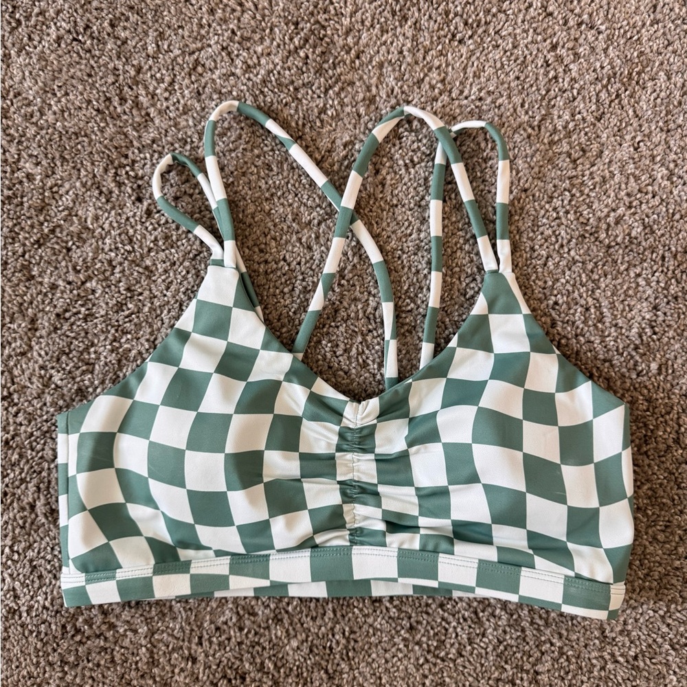 Sage Green and White Checkerboard Reversible Sports Bra with Strappy Back